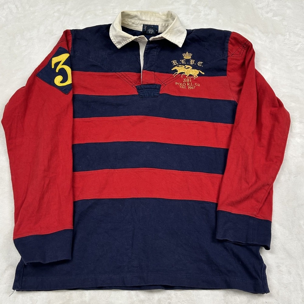 Polo Ralph Lauren Rugby Shirt Boys L 14-16 Red Navy Blue Striped Crest Patch 3